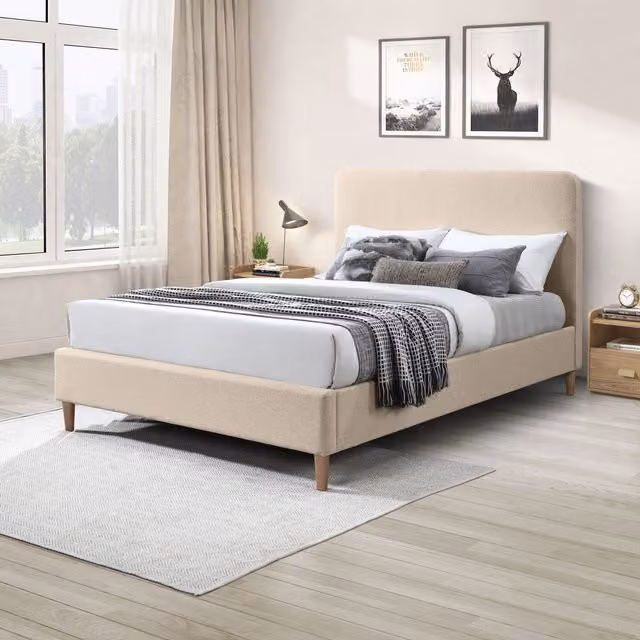 FurnitureboxUK Romy Modern Upholstered Double Bed Frame in Beige Fabric, W/D/H: 180 x 200 cm