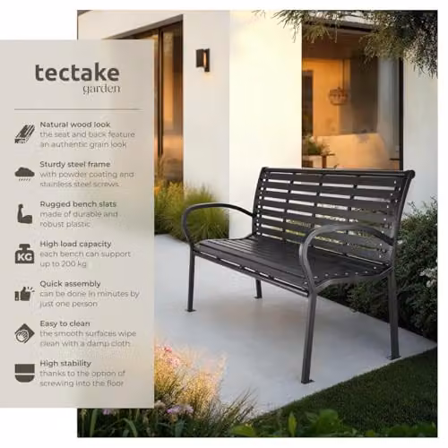 tectake 3 Seater Garden Bench with Powdered Steel Frame and Slats in Black – 2