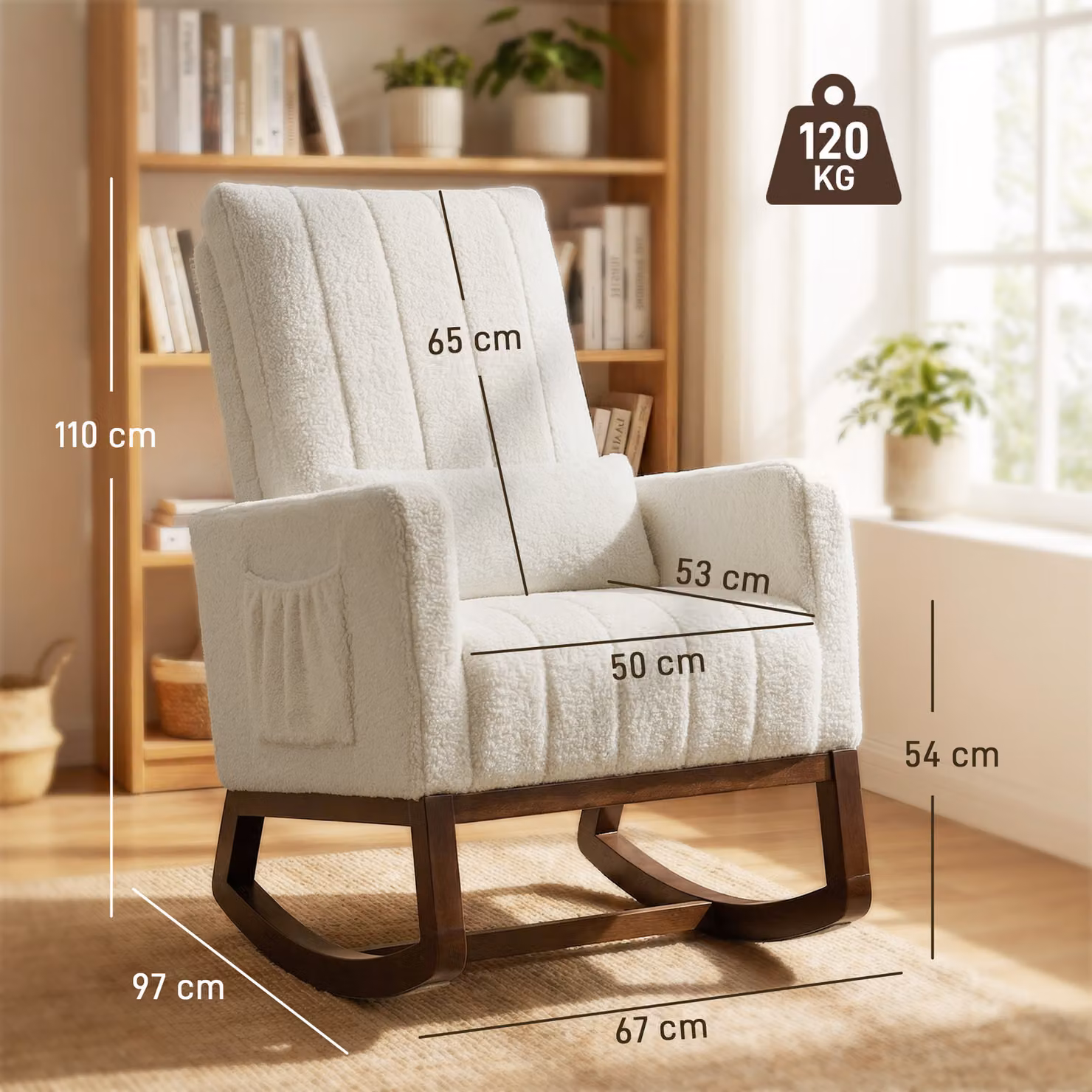 HOMCOM Cream White Bouclé Rocking Chair for Adults with High Back, Lumbar Pillow and Solid Wood Base – 3