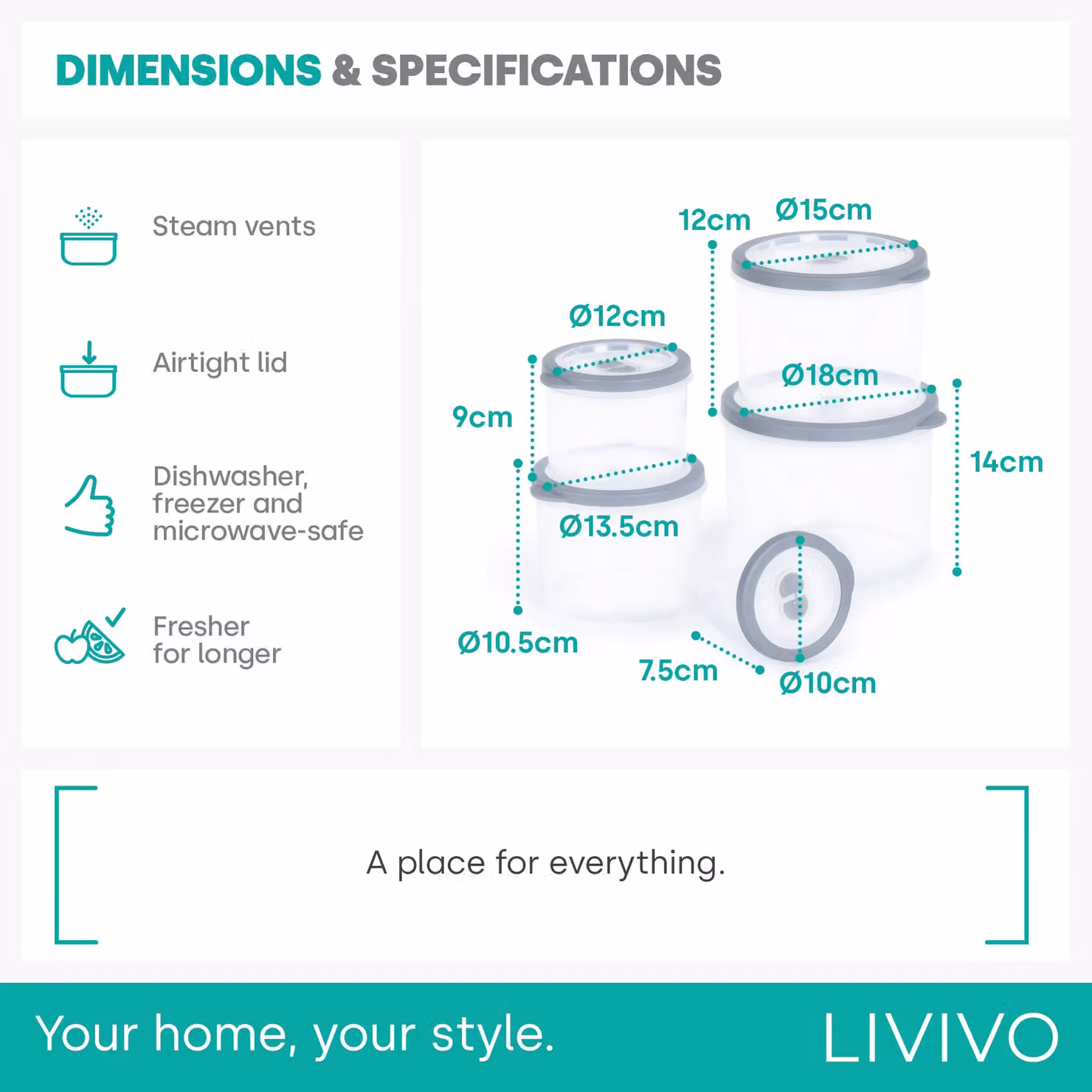 LIVIVO 5pc Airtight Round Food Storage Container Set in Grey and Transparent, Stackable and BPA Free – 4
