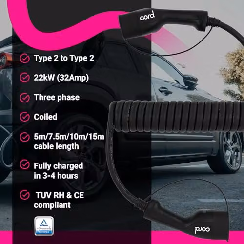 Cord Type 2 to Type 2 EV Coiled Charging Cable, 32amp, 22kW, 10 Metre (8m usable), Three Phase – 6