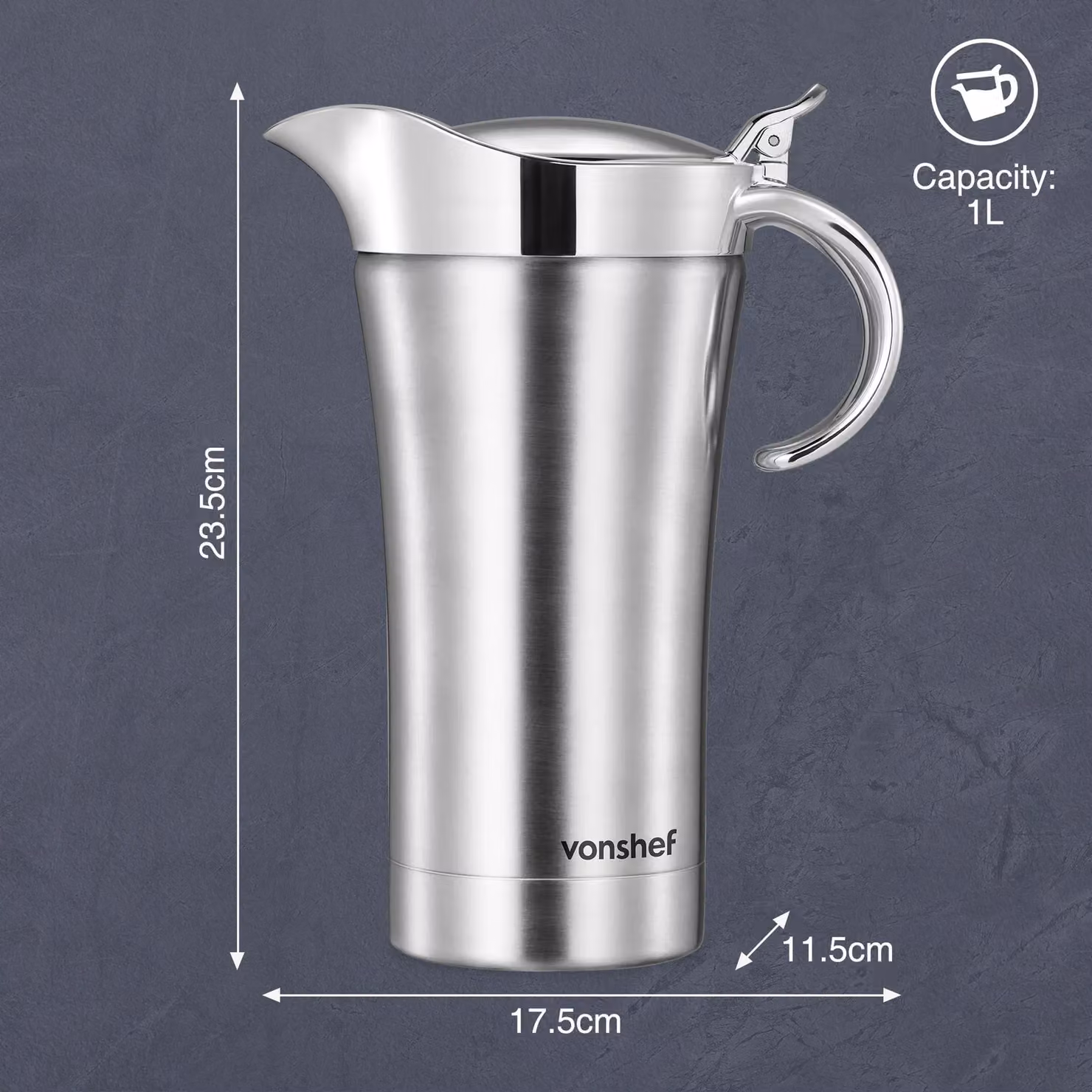 VonShef Stainless Steel Double Walled Insulated Gravy Boat with Lid and Drip Free Spout, Silver, 1 l – 6