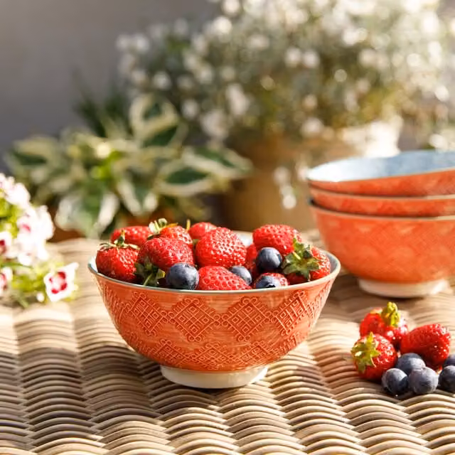 KitchenCraft Set of 4 Grey Floral Leaf Print and Terracotta Look Ceramic Stoneware Bowls