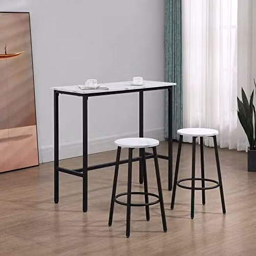 HOMCOM 3 Piece Modern Dining Table Set with 2 Stools, White – 5