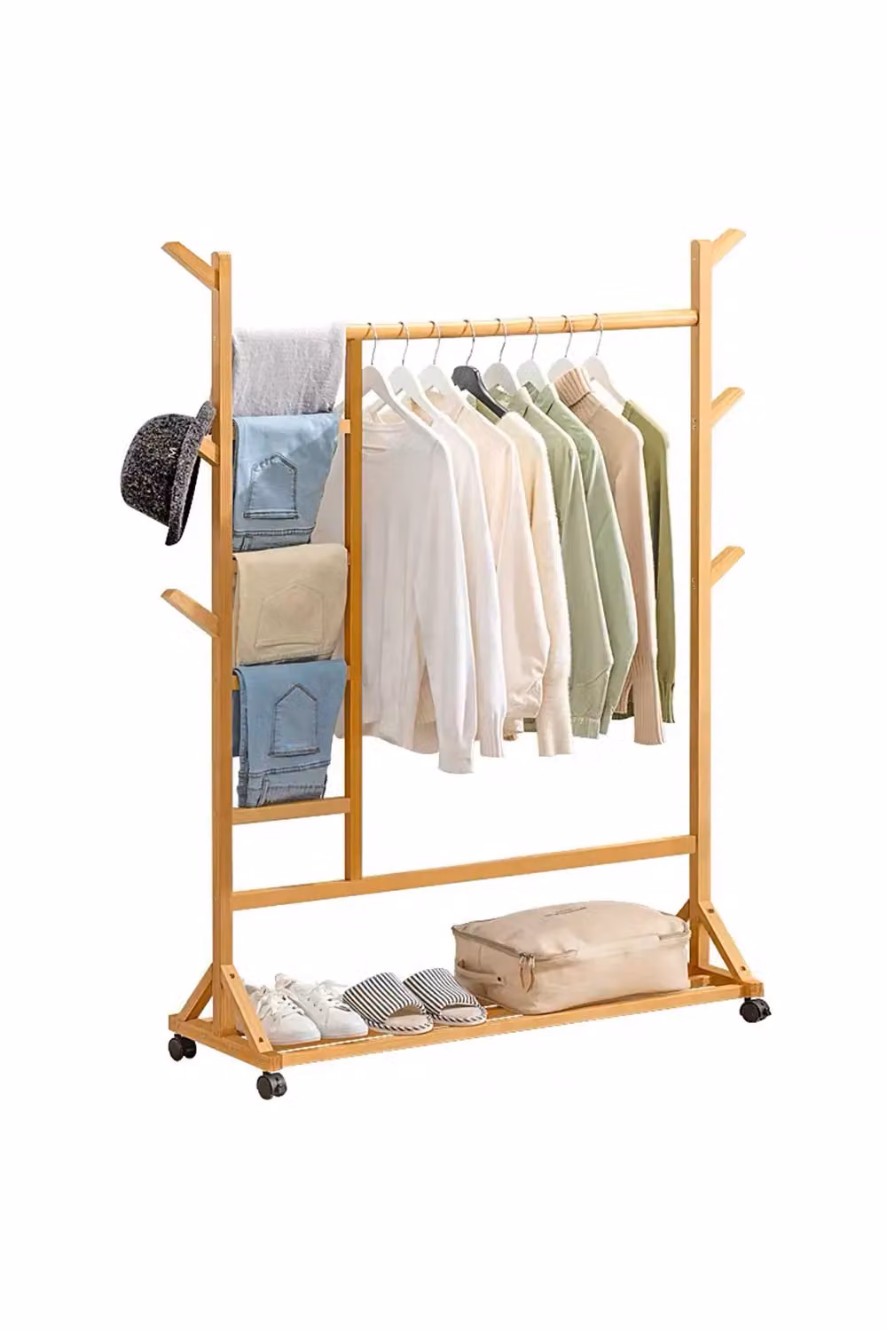 Living and Home Bamboo Clothes Rack and Shoe Organiser with Bottom Shelf in Natural – 2