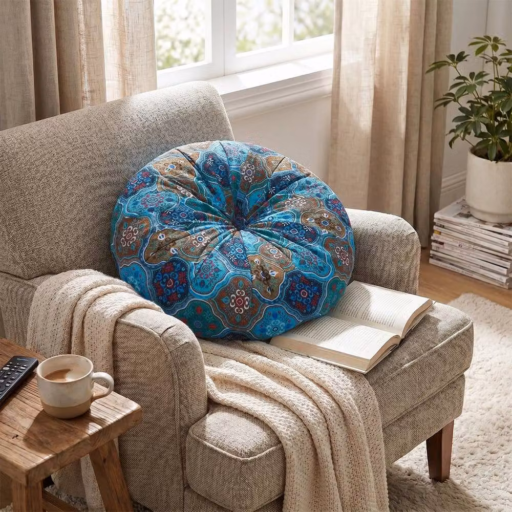 PAWNORA Blue Round Floor Cushion, Diameter: 50 cm, Height: 8 cm – 5
