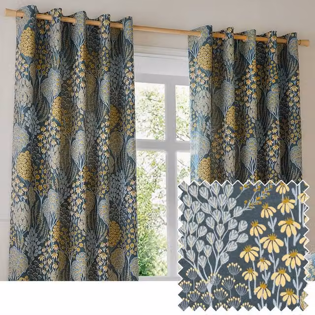 Wylder Ophelia Floral Blue Room Darkening Eyelet Curtain Pair, Width: 168 cm, Drop: 229 cm
