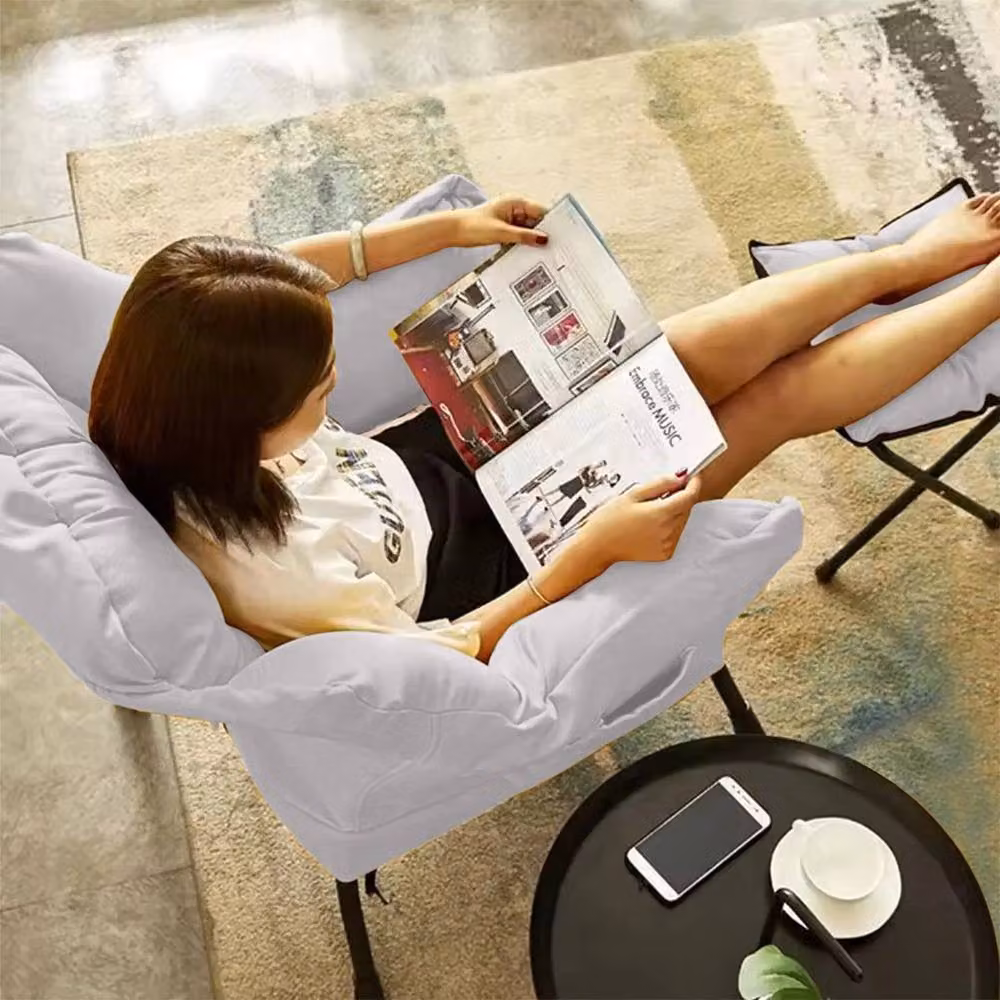 KORVIXA Beige Modern Lazy Armchair with Ottoman and Metal Frame, W/D/H: 100 x 100 x 100 cm – 3