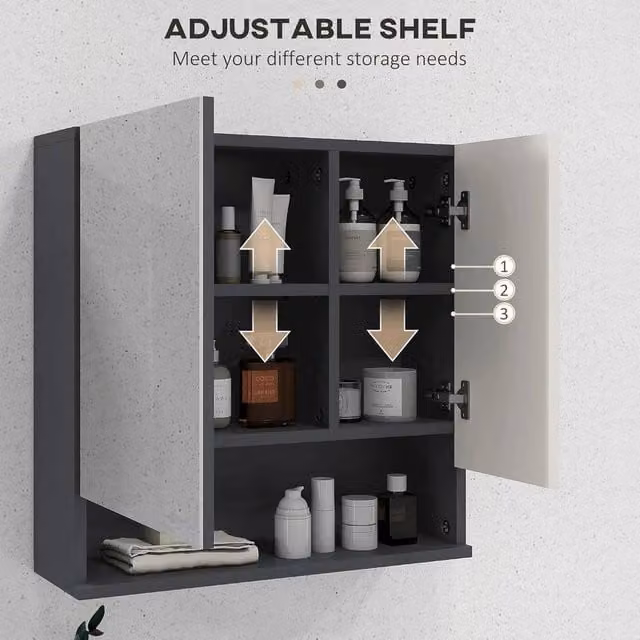 FORGEVIO Wall Mounted Modern Grey Bathroom Mirror Cabinet with Hinged Doors and Internal Shelves