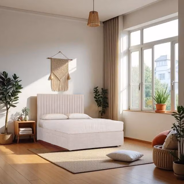 Knight Sleep Emily No Draw Divan Bed Base with Headboard in Beige Plush Velvet, W/D/H: 90 x 190 cm