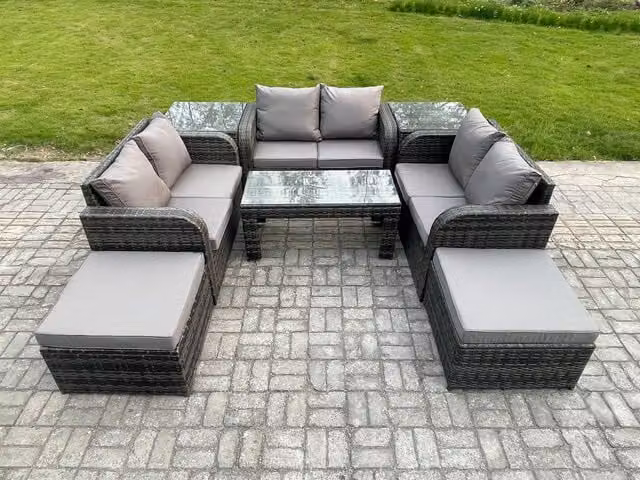 Fimous 8 Seater Grey Wicker Rattan Garden Furniture Set with U-Shape Sofa, Love Seat, Rectangular Coffee Table and 2 Ottomans