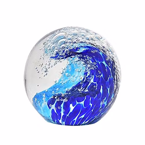 Widdop and Co Ocean Wave Glass Paperweight Ornament in Blue and Transparent