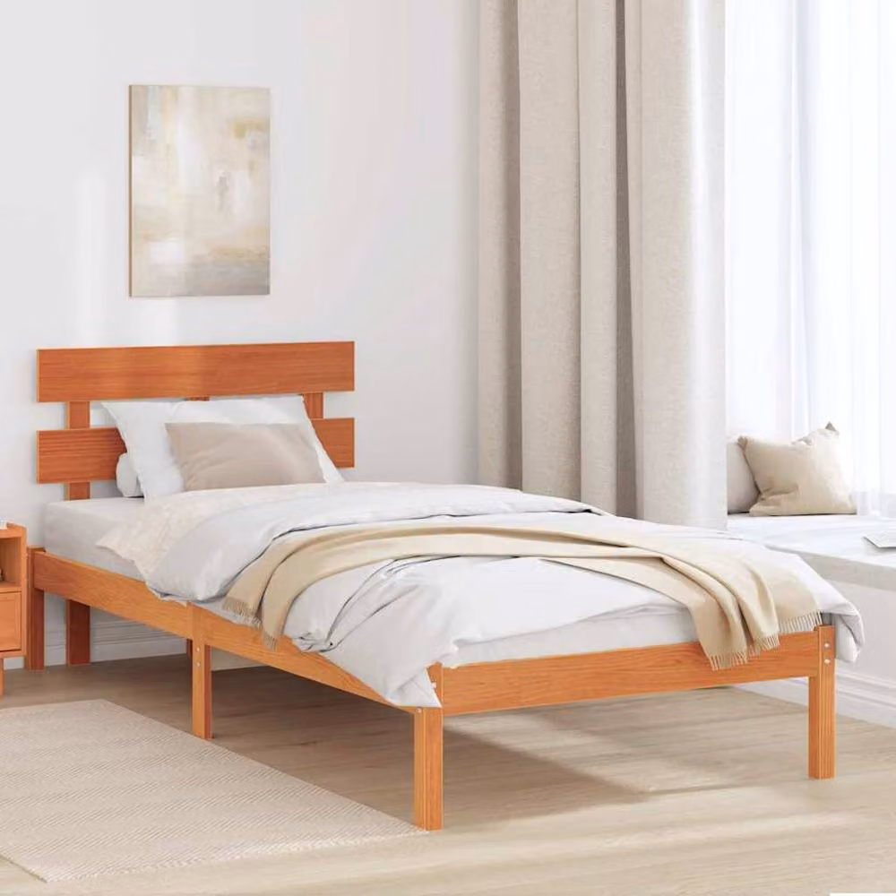 Berkfield Home Solid Wood Pine Bed Frame with Headboard in Wax Brown, W/D/H: 90 x 190 x 80.5 cm – 2