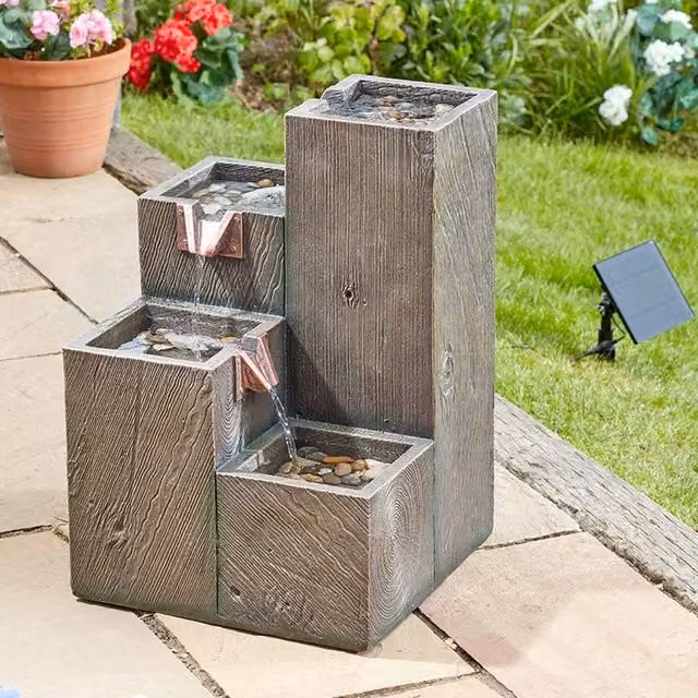 Garden Mile Quad Hybrid Power Solar Water Cascade Fountain in Grey Wood Effect Rectangular Tabletop Design