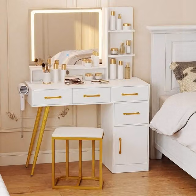 Costway White Modern Vanity Desk and Stool Set with Hollywood LED Mirror – 1