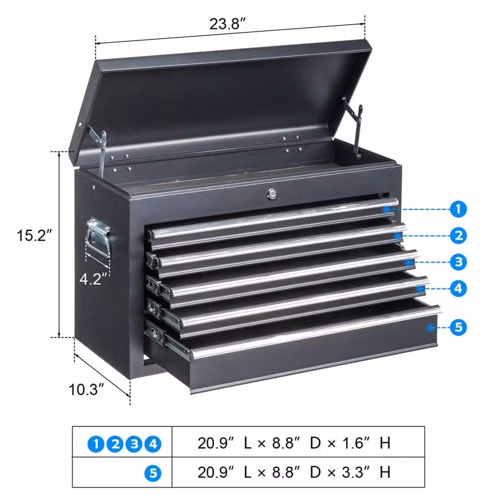 Nordara Black 5-Drawer Tool Chest with Metal Top and Ball Bearing Slides for Garage Storage – 2