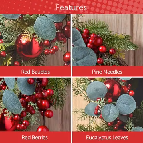 The Christmas Workshop Round Artificial Christmas Wreath with Snowberries, Red Baubles, Holly and Eucalyptus, Diameter: 45 cm – 2