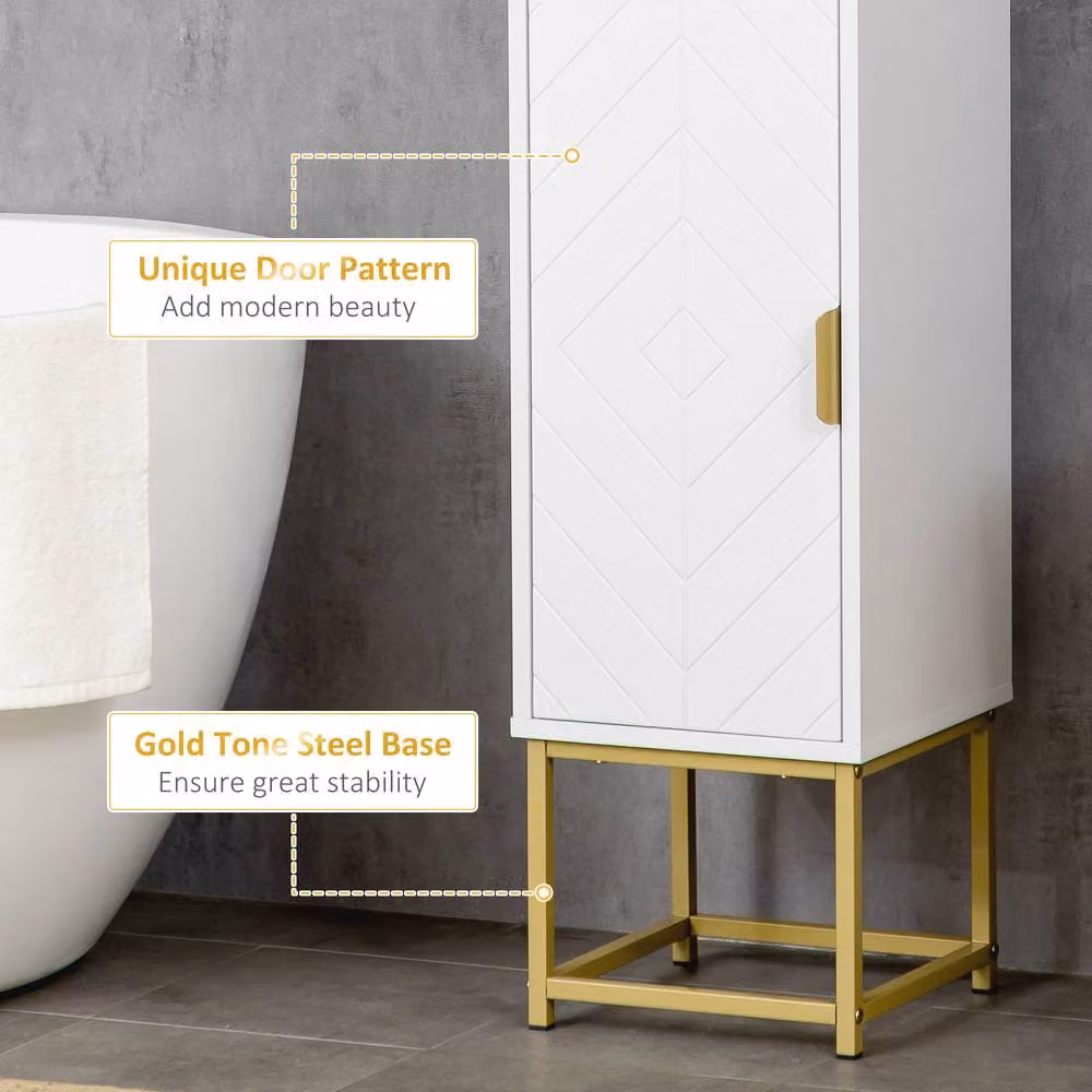 STILVORA Modern White and Gold Freestanding Bathroom Storage Cabinet with Hinged Doors and Internal Shelves – 6