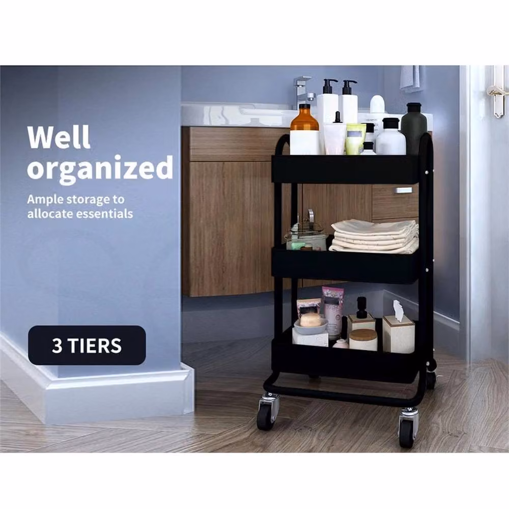 Nordara Black 3-Tier Metal Kitchen Trolley Cart with Rolling Storage Shelves – 5