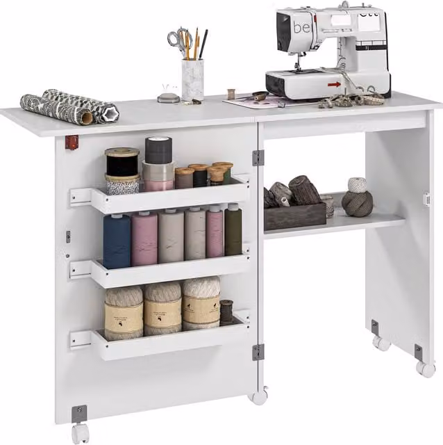 HOMCOM Folding Sewing Table with Drop Leaf and Castors, White – 1
