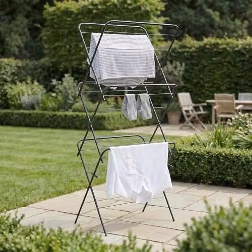 OHS 3 Tier Folding Clothes Airer in Black, 15m Drying Space, H 136 x W 62 x D 49 cm