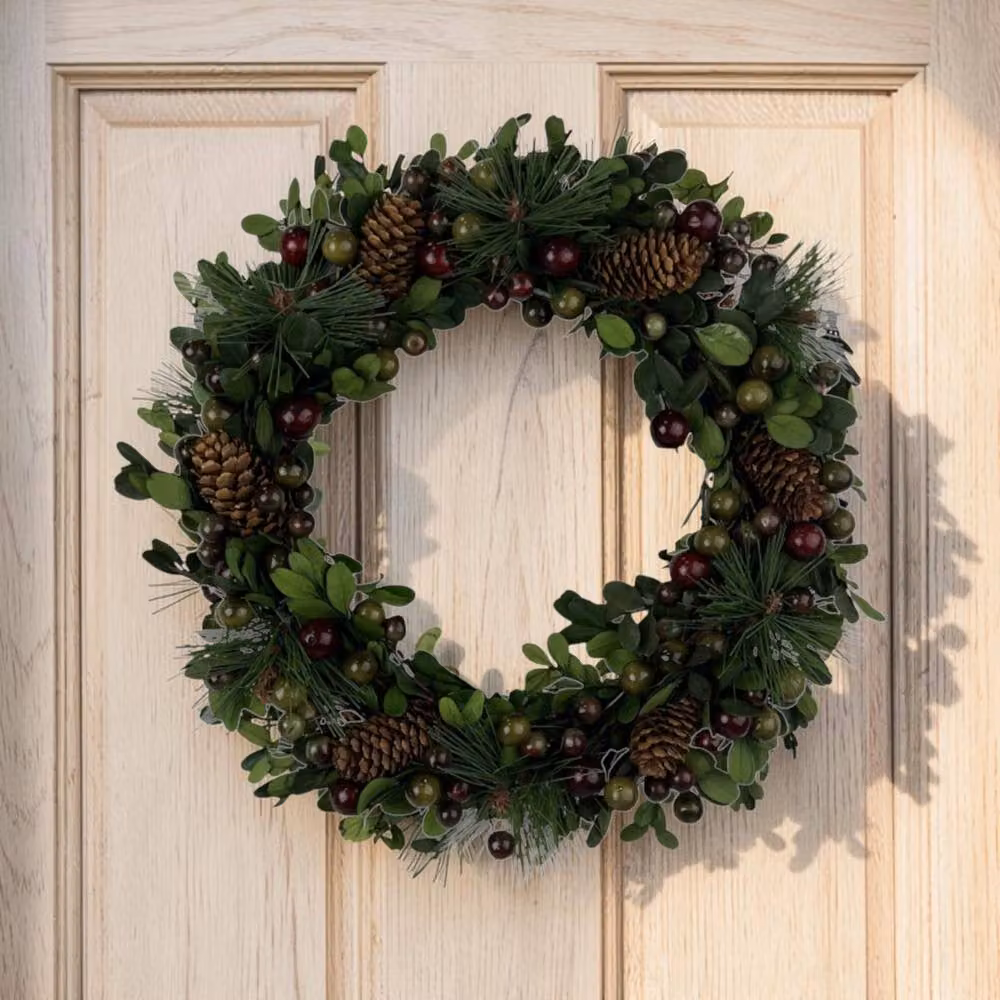 Four Candle Green Pinecone and Berry Wreath, Diameter: 27 cm – 2