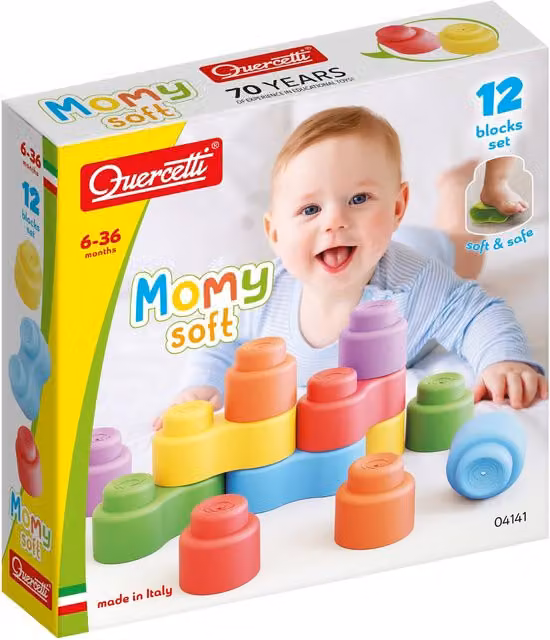 Quercetti Momy Soft 12 Piece Interlocking Large Sensory Bricks Set in Multicolour and Black