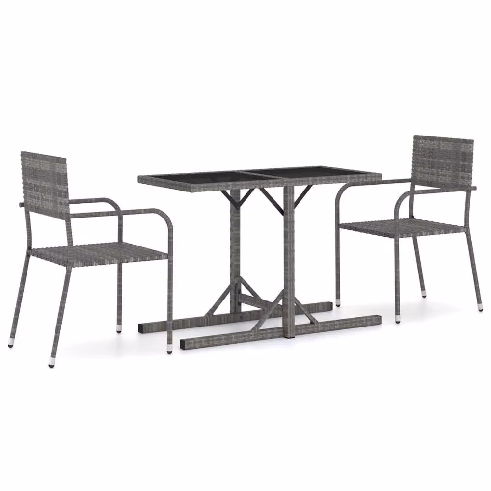 Berkfield Home 3 Piece Grey Rattan and Metal Garden Dining Set with Glass Top – 2