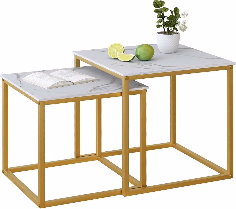 Huhote Set of 2 Nesting Side Tables with White Marble Finish Top and Gold Metal Frame – 2
