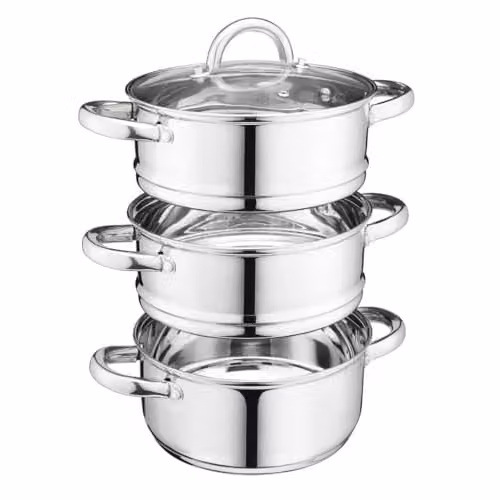 Cooks Professional 3 Tier Stainless Steel Steamer Pan in Silver with Glass Lid, Diameter: 22 cm – 1