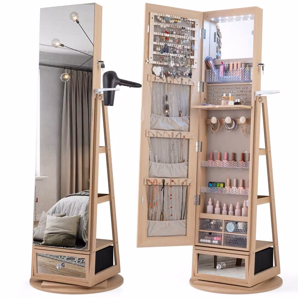 Costway 4 in 1 Swivel Lockable Jewelry Armoire in Natural Wood with LED Lighting and Mirror – 3