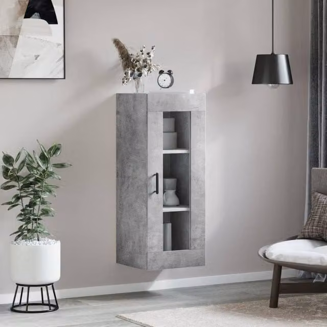 Berkfield Home Wall Mounted Cabinet in Concrete Grey with Glass Doors, W/D/H: 34.5 x 34 x 90 cm