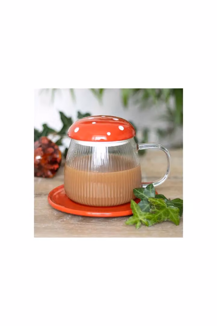 KDMD Glass Mushroom Mug and Saucer with Lid in Silver and Red – 2