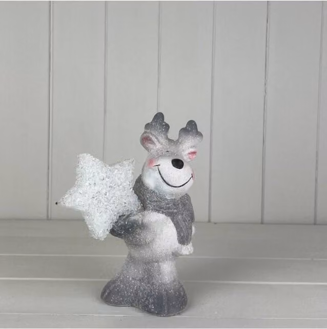 KDMD Large Grey Ceramic Reindeer Tabletop Decoration Holding a Light Up Star