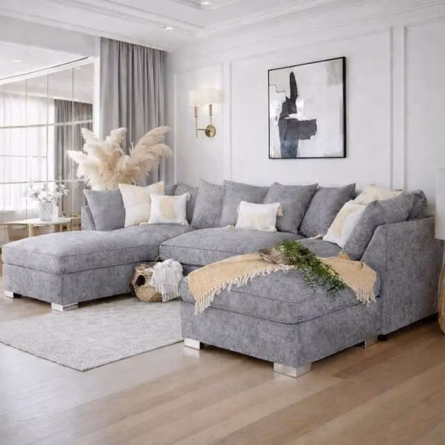Home & Love Bishop U Shape Cinema Scatter Corner Sofa in Grey Platinum Fabric with Matching Ottoman and Scatter Cushions – 1
