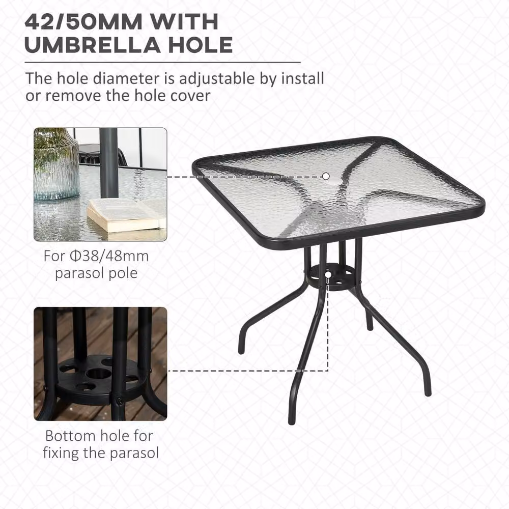 Wyld Haus Square Garden Dining Table with Umbrella Hole in Black Metal and Tempered Glass, W/D/H: 76 x 76 x 72 cm – 3