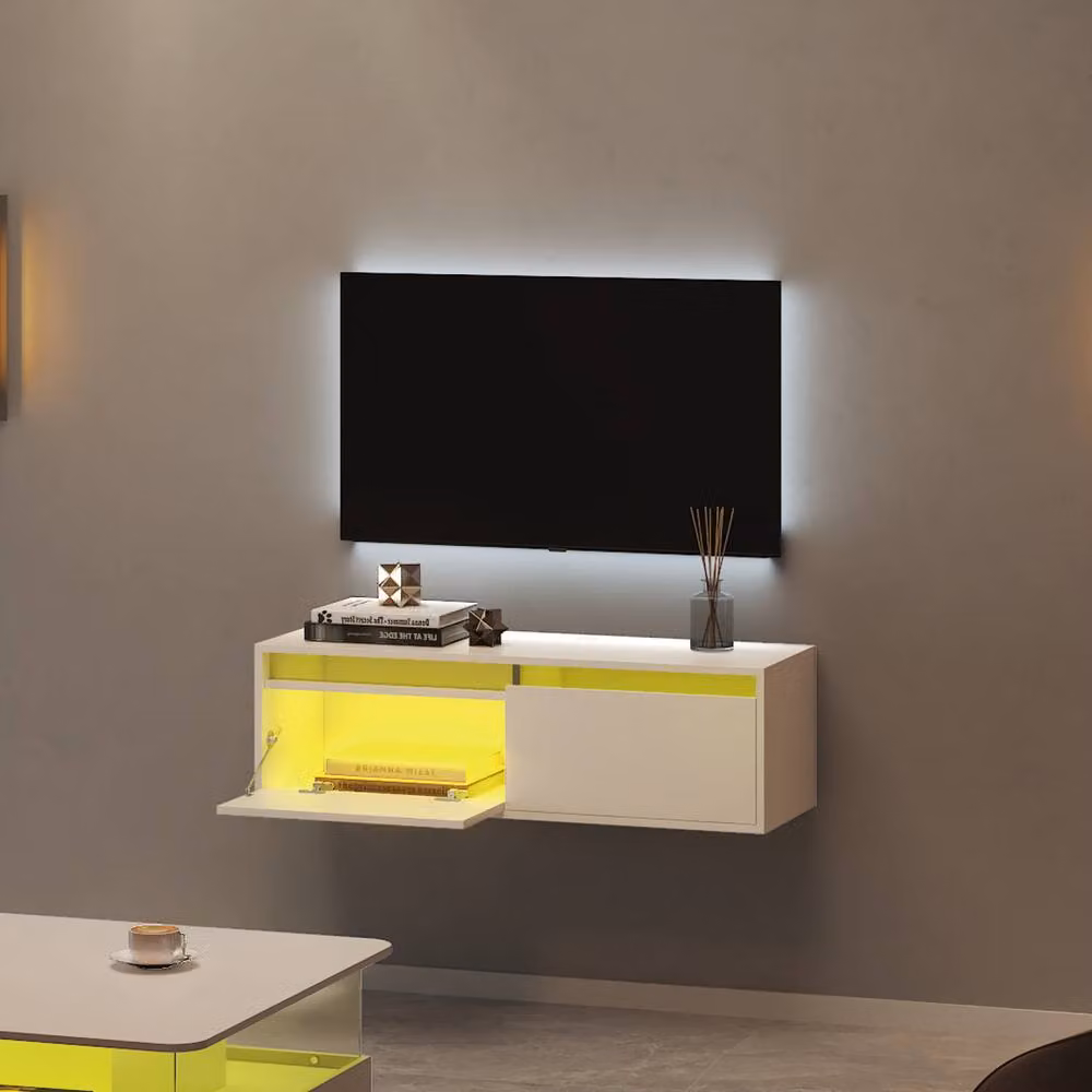 KEEPREAPER Floating TV Stand for 32-50 inch TVs with 2 Flip-Down Doors and LED Lighting in White – 3