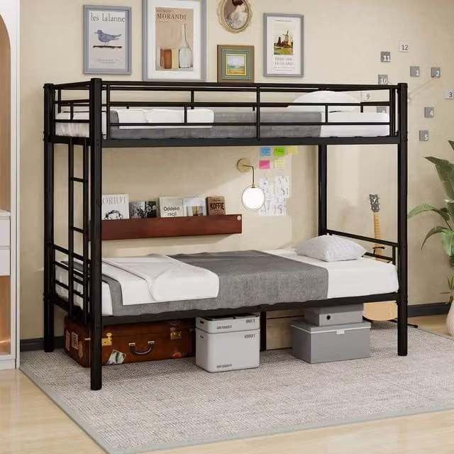 Matteo Black Metal Industrial Bunk Bed Frame with Bedside Shelf, Single Size, W/D/H: 90 x 200 cm