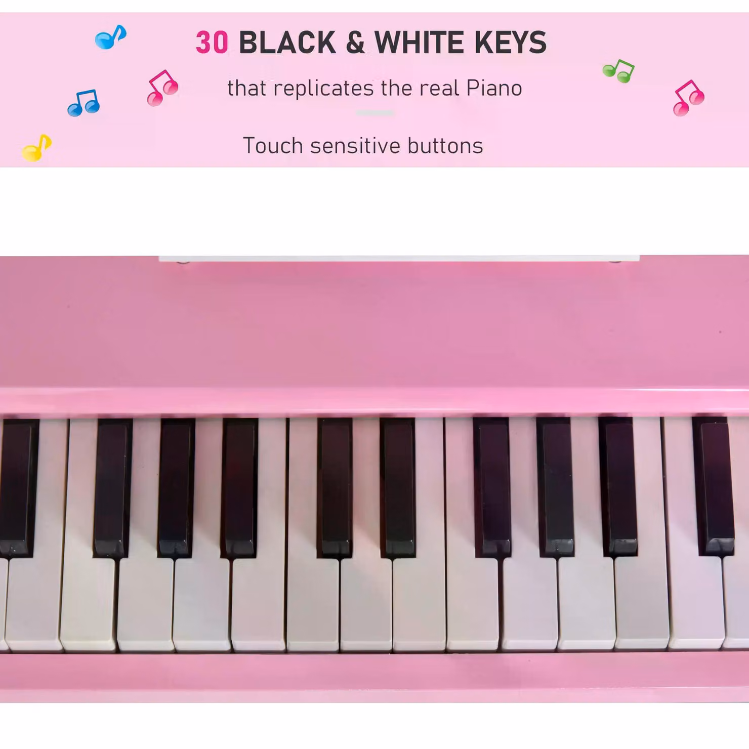 HOMCOM Modern Kids Grand Piano Set with 30 Keys, Music Stand and Bench, Pink – 3