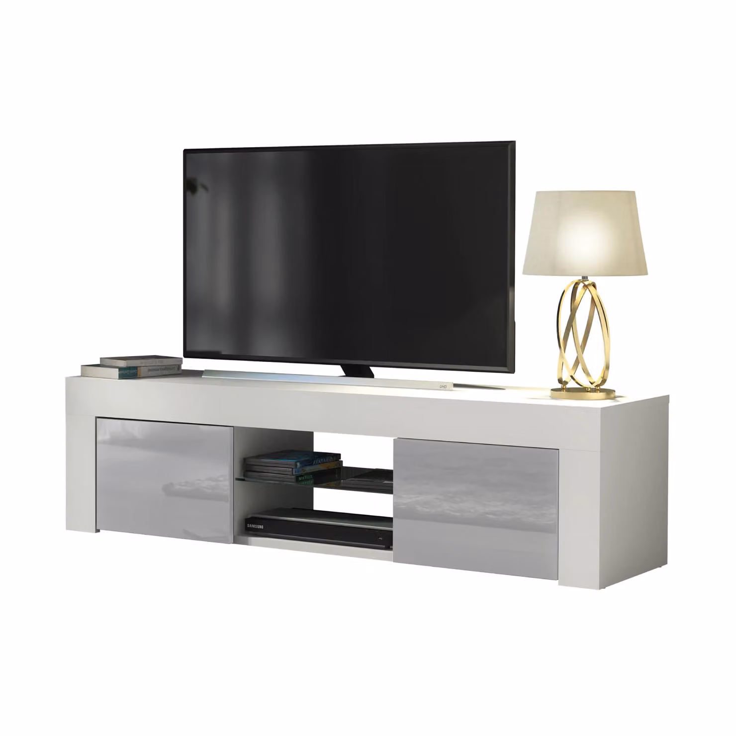 Creative Furniture Modern TV Unit in White with High Gloss Grey Doors, W: 130 cm, D: 35 cm, H: 35 cm – 2