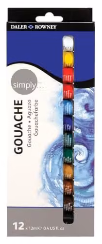 Daler-Rowney Simply Gouache Paint Set, 12 Assorted Colours, 12ml per Tube, Multicolour
