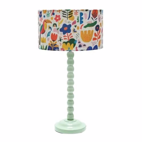 ValueLights Sage Green Bobbin Stem Table Lamp with Jungle Drum Shade and Bulb Included – 1