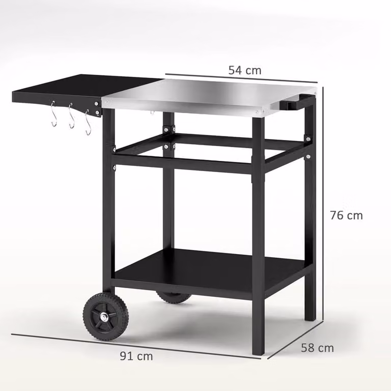 Ventryn BBQ Trolley with Foldable Side Table and Charcoal Pizza Table in Black and Silver
