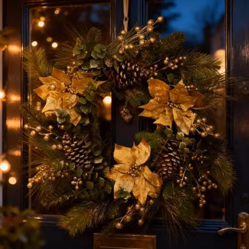 SHATCHI 60 cm Christmas Wreath with Gold Berries, Poinsettia, Eucalyptus Leaves and Pine Cones – 4