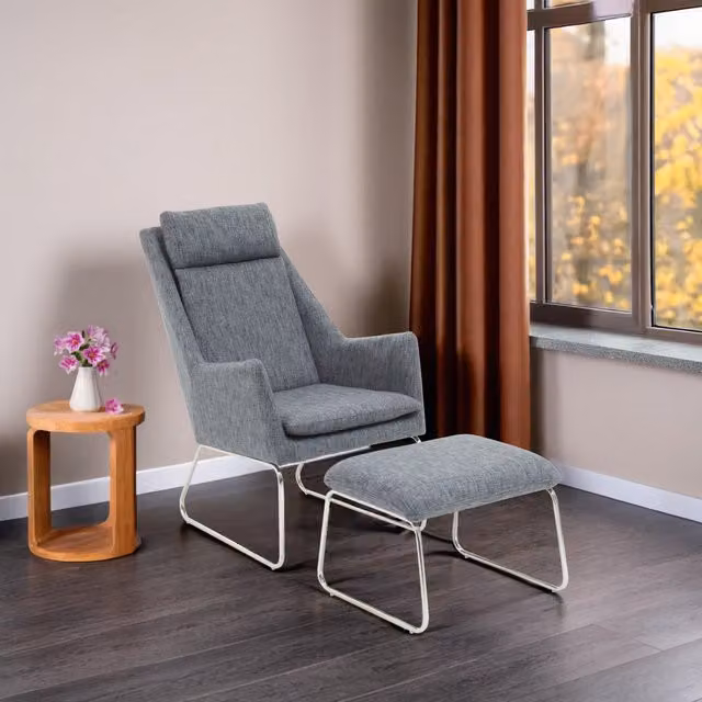Fifty Five South Orsina Grey Fabric Lounge Chair and Ottoman Set with Metal Frame – 2