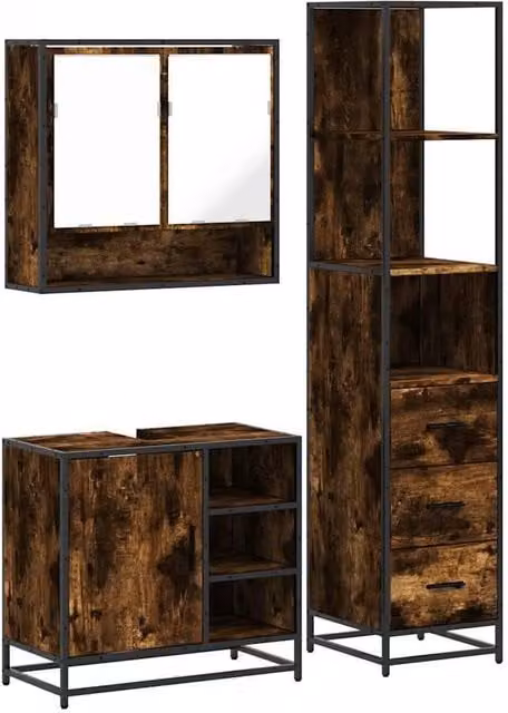 Berkfield Home 3 Piece Industrial Bathroom Furniture Set in Smoked Oak Brown – 1