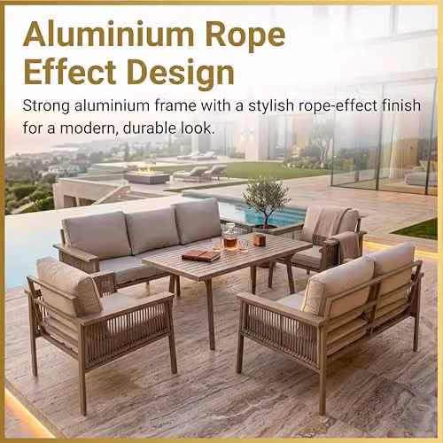 SHATCHI 7 Seater Aluminium Garden Furniture Set with Dining Table and Beige Upholstered Foam Cushions – 5