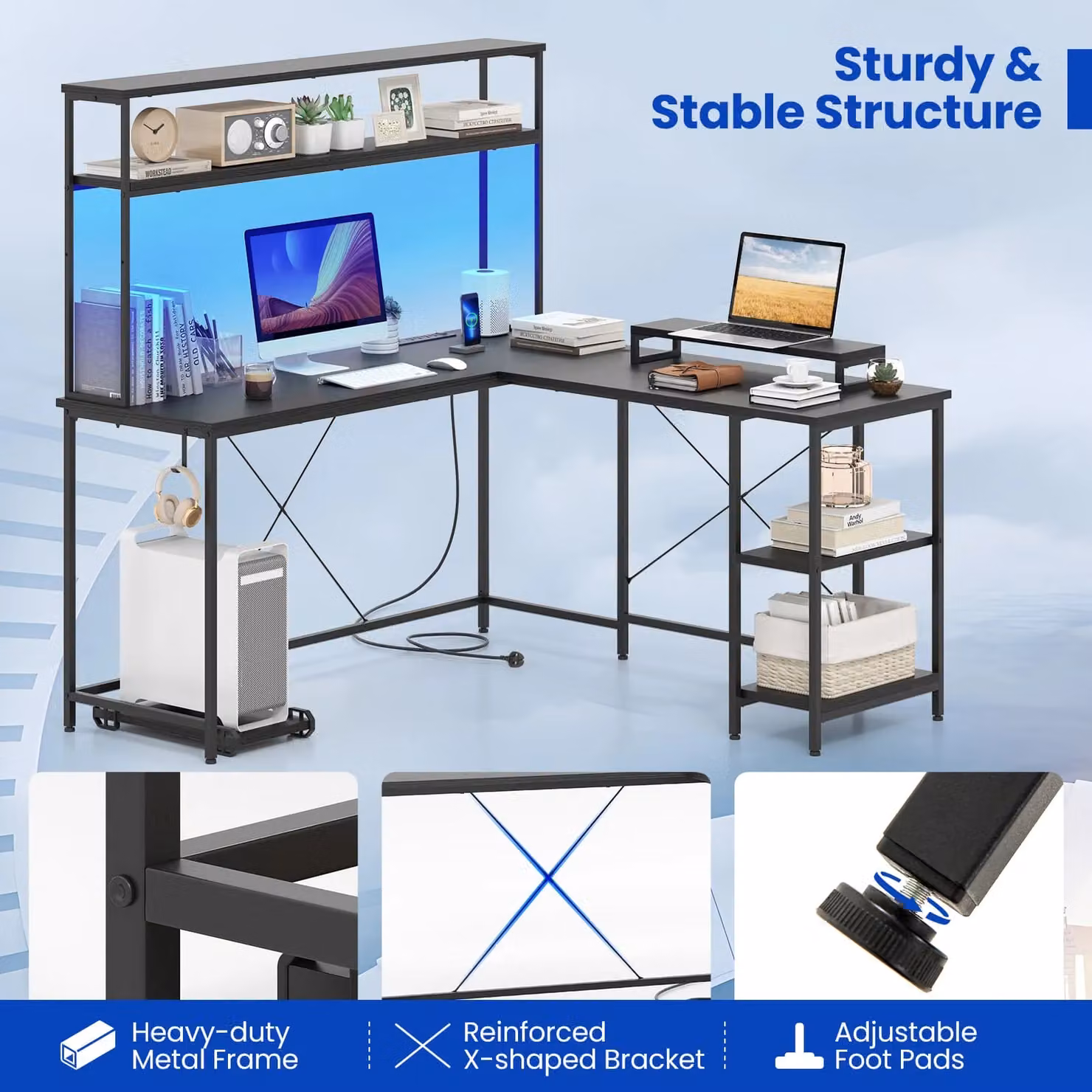 Costway L-Shaped Reversible Corner Gaming Desk with LED Strip in Black – 6
