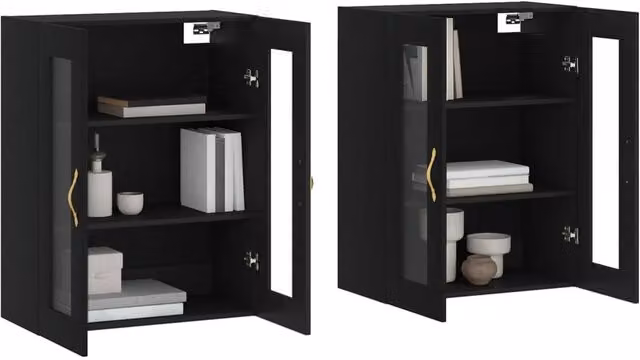 Berkfield Home Set of 2 Black Wall Mounted Cabinets with Glass Doors and Internal Shelves – 1
