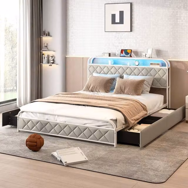 Costway Modern King Size Upholstered Faux Leather Platform Bed with Drawers and USB Charging Port, Grey, W/D/H: 180 x 200 cm